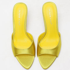 Yellow satin pointed toe stiletto mules top view