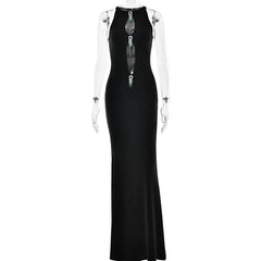 Black Hollow Out Pearl Tassel Maxi Bodycon Dress - Club & Party Wear