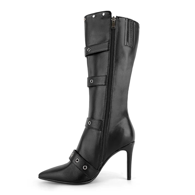 Pointed toe buckle strap stiletto boots side view