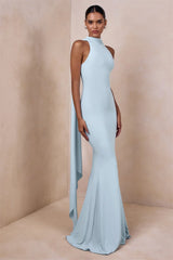 Halter cape maxi dress in light blue