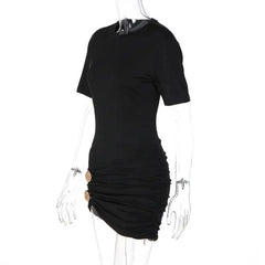 Black Short Sleeve Ruched With Gold Button Mini Dress
