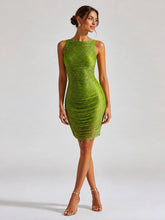 Green ruched metallic thread sleeveless mini dress