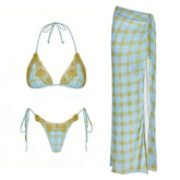 Plaid Lace Bikini and Skirt Set