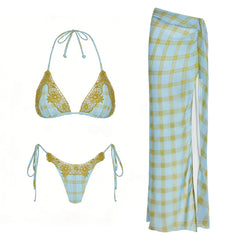 Plaid Lace Bikini and Skirt Set