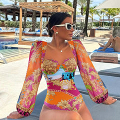 Printed Long Sleeve One Piece Swimsuit and Skirt Bathing Suit Set