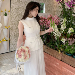 White Bow Pocket Tweed Chiffon Long Dress