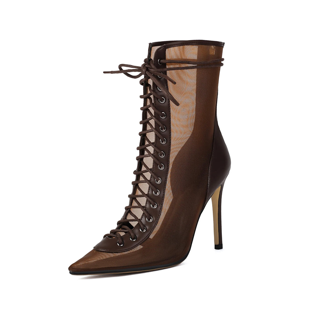 Brown lace-up high-heeled boot