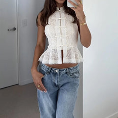 Lace Sheer Stand Collar Sleeveless Peplum Top