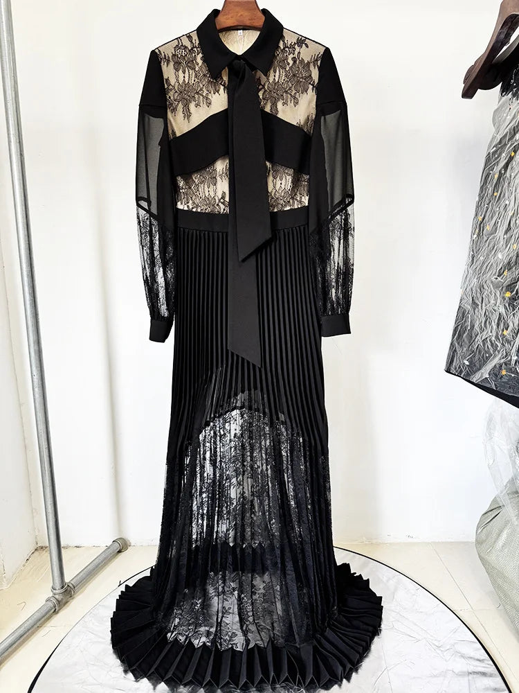 Black lace panel pleated maxi dress front view
