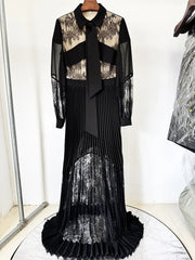 Black lace panel pleated maxi dress front view
