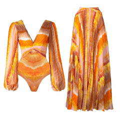 Balloon Sleeve Square Neck Cutout Bodysuit and Print Maxi Skirt Set