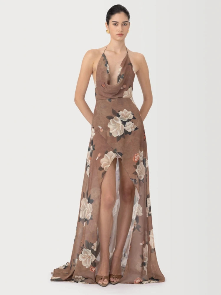 Floral print halter neck split maxi dress front view
