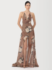 Floral print halter neck split maxi dress front view