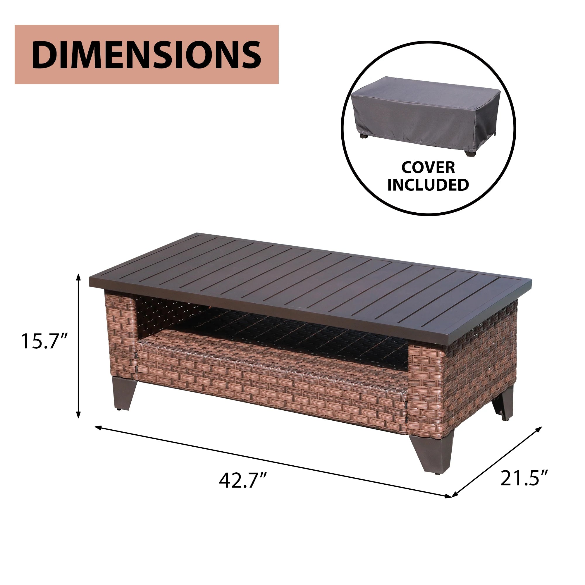 Wicker Rattan Coffee Table with Waterproof Brown Synthetic Cover