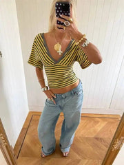 V-Neck Striped Knit Cropped Top with Dolman Sleeves