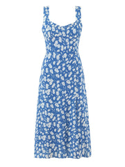 Blue floral print midi dress with square neckline and side slit