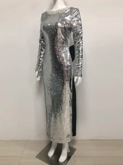Silver sequin dress on a mannequin against a white background