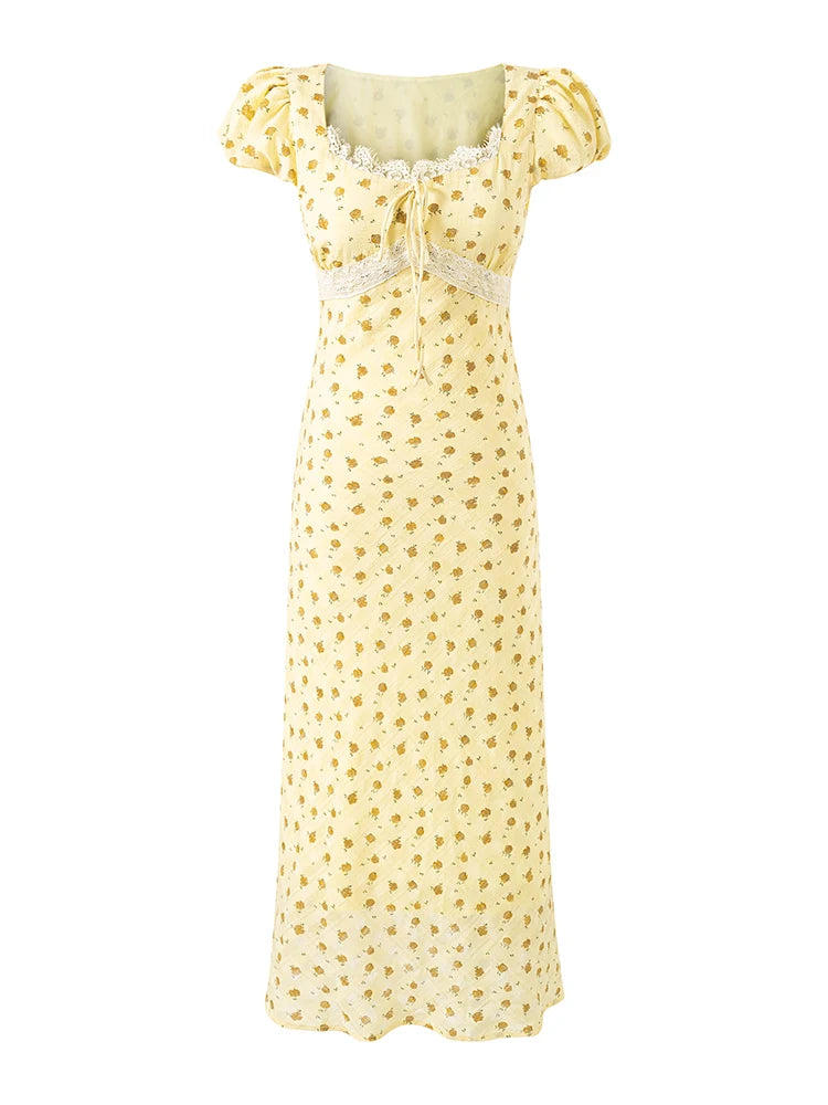 Yellow floral print midi dress with square neckline, puff sleeves, and lace trim