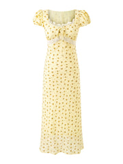 Yellow floral print midi dress with square neckline, puff sleeves, and lace trim