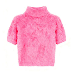 Pink fuzzy sweater on a white background