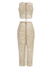 Cropped top and maxi skirt two-piece set with grid pattern