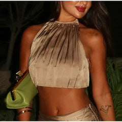 Golden High Neck Crop Top and Maxi Skirt Set
