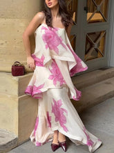 Floral print layered midi dress with spaghetti straps