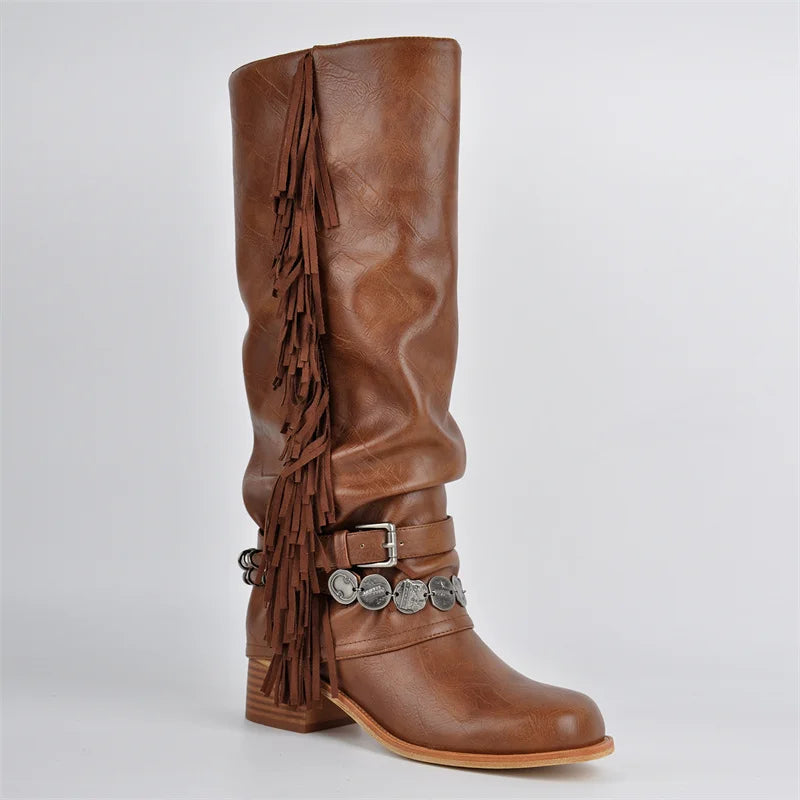 Brown fringe detail block heel knee high boots