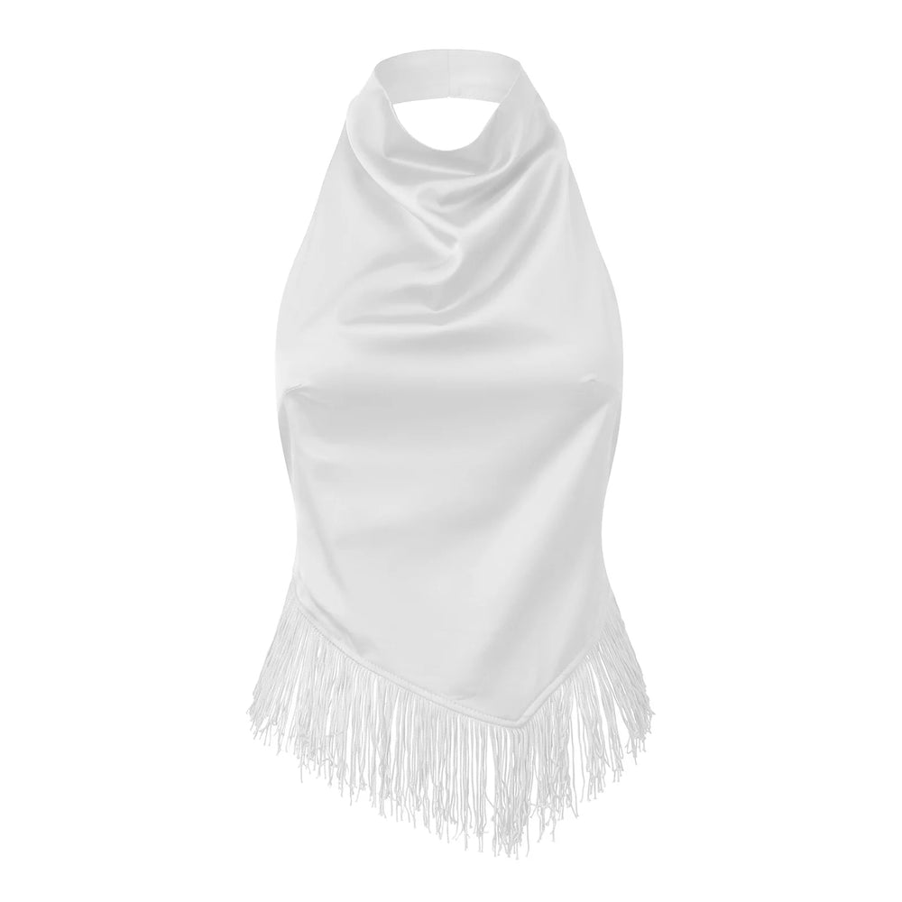 White poncho with fringe details on a white background