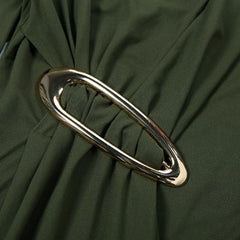 Green Long Sleeve Draped Buckle Maxi Dress