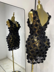 Back view of black floral appliqué V-neck mini dress