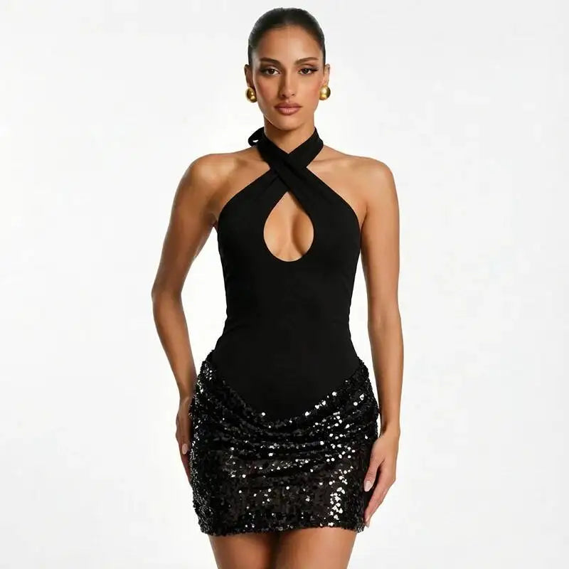 Black cross neck ruched sequin mini dress
