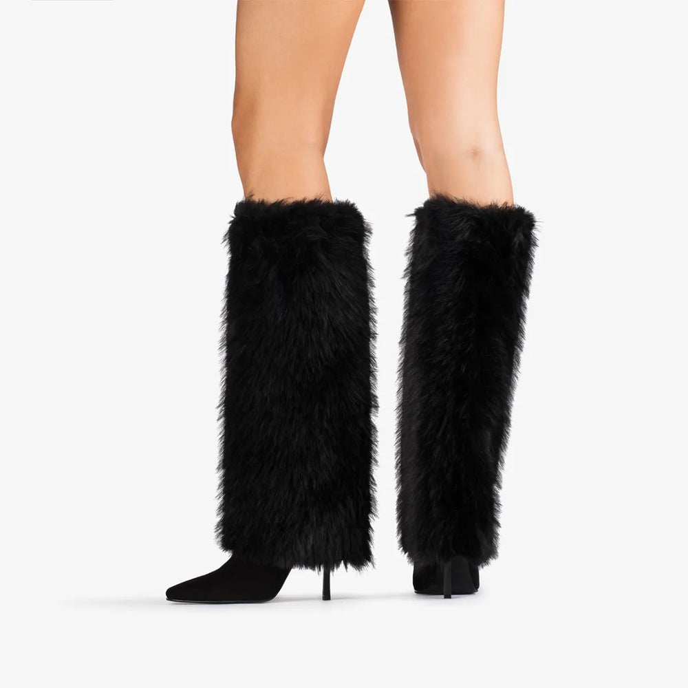 Black furry knee-high boots