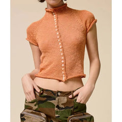 Orange button mock neck knit top