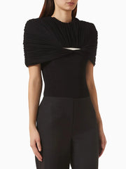 Black draped metal detail round neck top