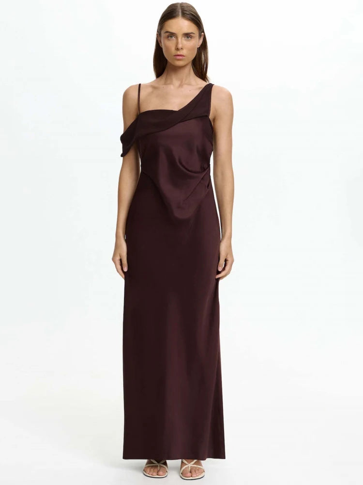 Draped one-shoulder maxi dress in deep plum