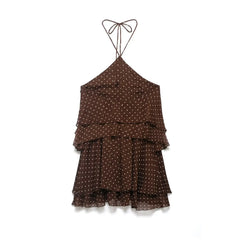 Brown polka dot dress with thin straps on a white background
