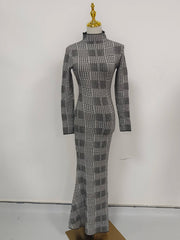 Plaid High-Neck Long Sleeve Sheath Maxi Dress