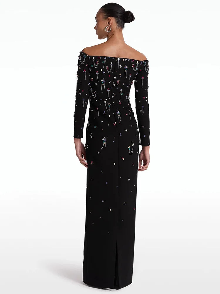 Beaded Slash Neck Maxi Dress worn from the back
