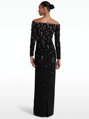 Beaded Slash Neck Maxi Dress worn from the back