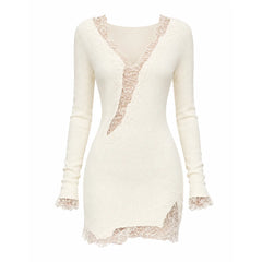 Lace V Neck Long Sleeve Mini Dress