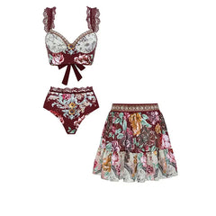 Burgundy Floral Print Two-Piece Swimsuit