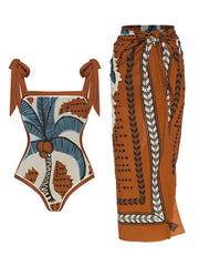 Floral Print Tie-Strap Bikini and Sarong Set