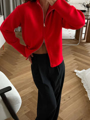 Red zip-front stand collar knit jacket