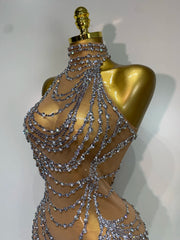 Chain Embellished Halter Mesh Gown