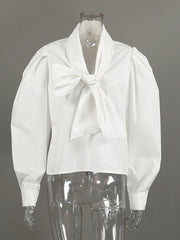 White Puff Sleeve Bow Neck Poplin Blouse Top