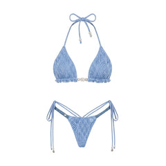 Blue Crocheted Hooded Swim Cover up and Bikini Set