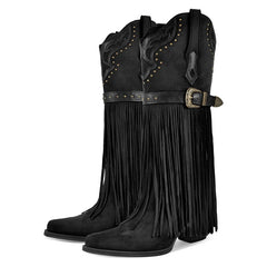 Denim Fringe Chunky Heel Boots
