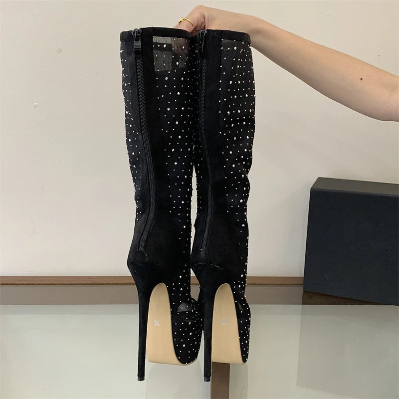 Back view of black mesh peep toe knee-high platform boots with crystal embellishments