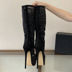 Back view of black mesh peep toe knee-high platform boots with crystal embellishments